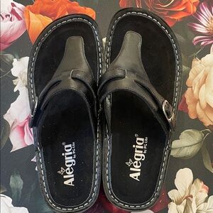Alegria Black Leather Slip-On Clogs with Buckle